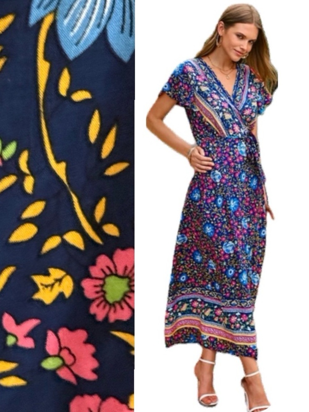 Floral Wrap Dress, Blue & Pink Botanical Print, Size M